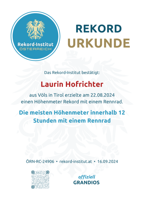 ÖRN-RC-24906 - Die meisten Höhenmeter innerhalb 12 Stunden mit einem Rennrad © Rekord·Institut ÖSTERREICH